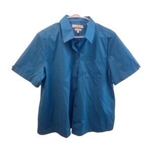 Foxcroft Non Iron Shirt Fitted Blue Women's Size 12 Button Tab Short Sleeve